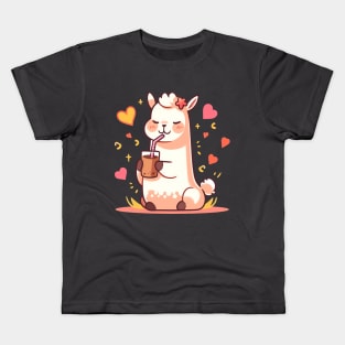 Caffeinated Love Affair: Kawaii Llama Sips Iced Coffee Kids T-Shirt